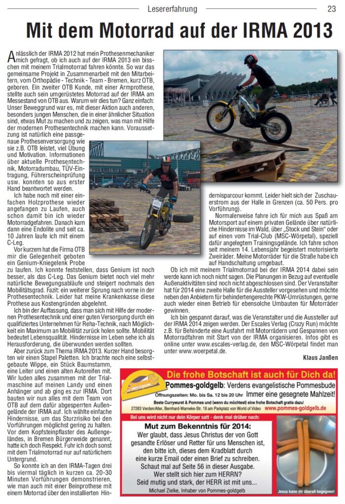 Kradblatt 01/2014: Motorradfahren mit Beinprothese