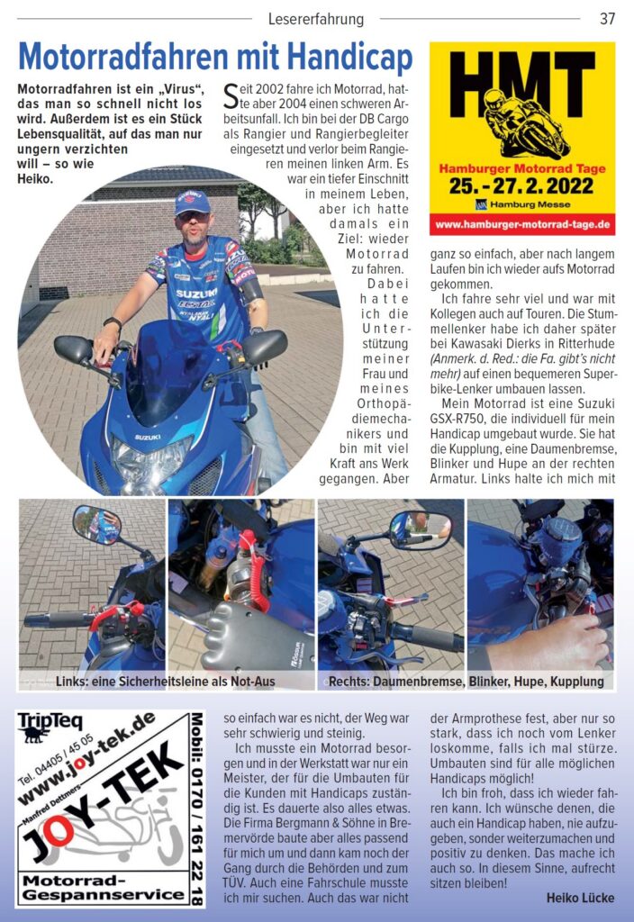 Kradblatt 11/2021: Motorradfahren mit Armprothese