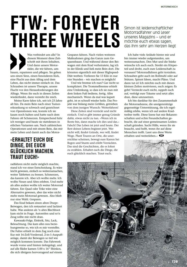 Artikel „FTW: Forever three wheels“ in der Custombike 01/2022